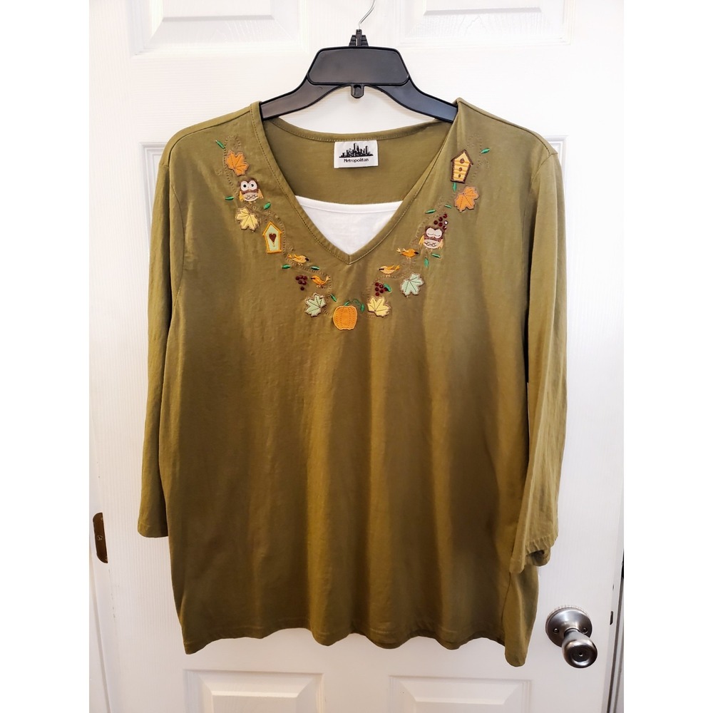 Metropolitan Fall shirt green long slv owls birds pumpkins estimate‎ sz XL/XXL